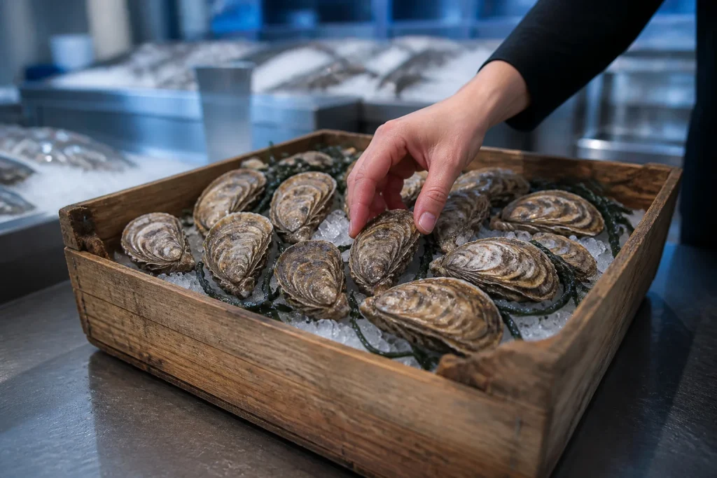 Huitres fraiches dans un panier en bois