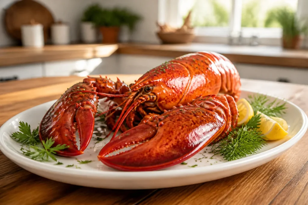 Homard rouge vif sur assiette blanche