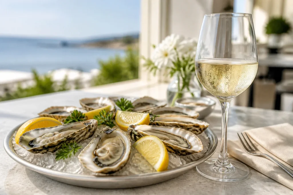 Huitres fraiches et vin blanc