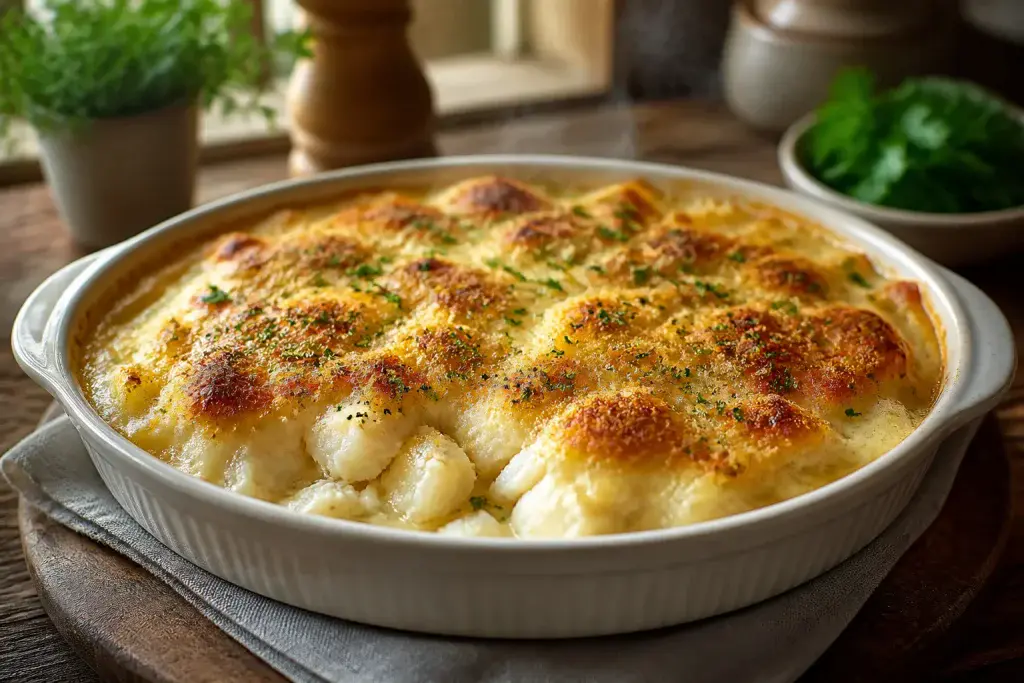 Gratin de poisson dore et fumant