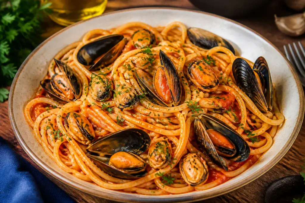 Spaghetti aux moules sauce tomate cremeuse