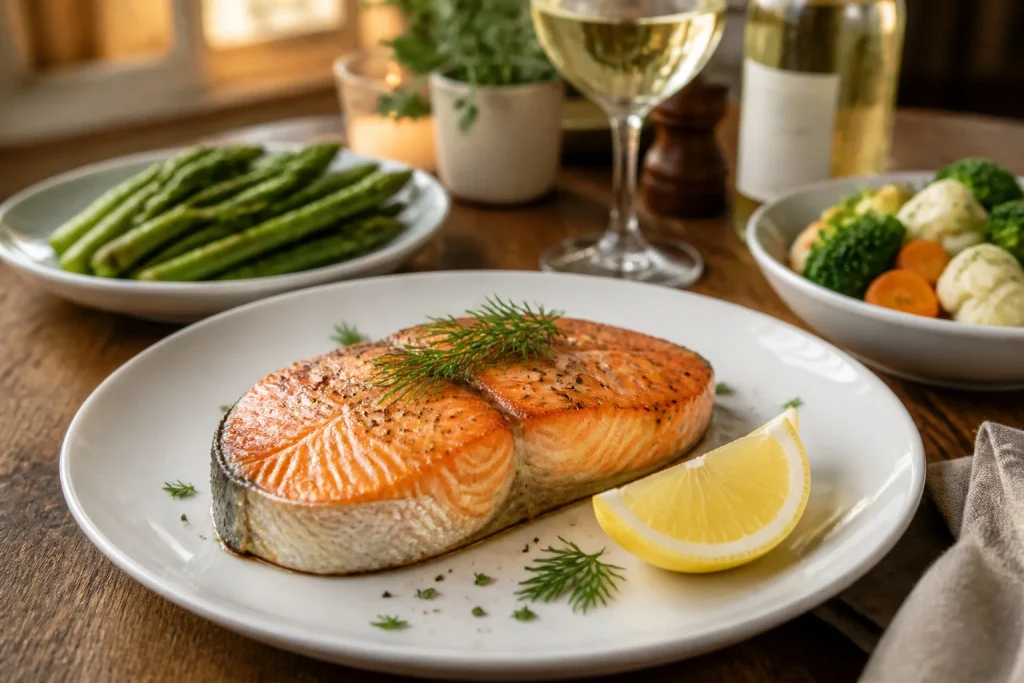 Pave de saumon parfait sur assiette blanche