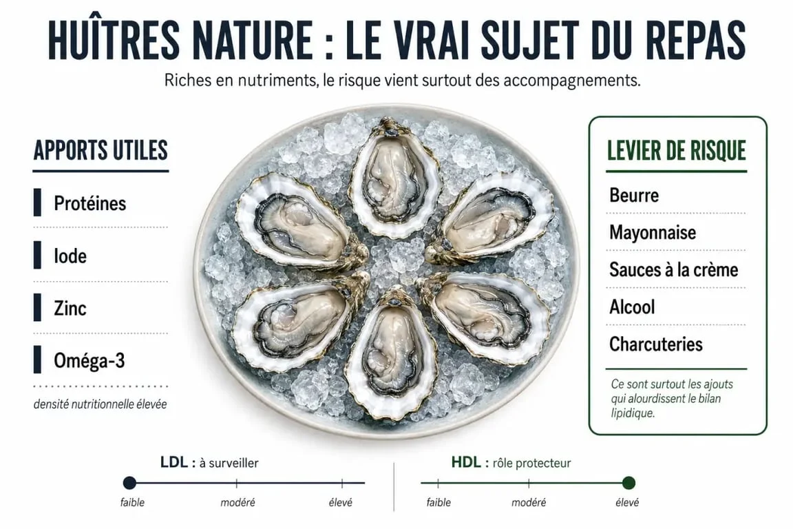 Cholesterol et huitres : infographie sur les huîtres nature et les accompagnements à limiter