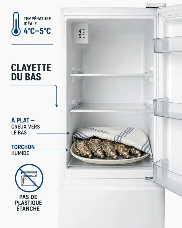 conservation huitres frigo : huîtres rangées correctement dans le bas du réfrigérateur, coquille creuse vers le bas
