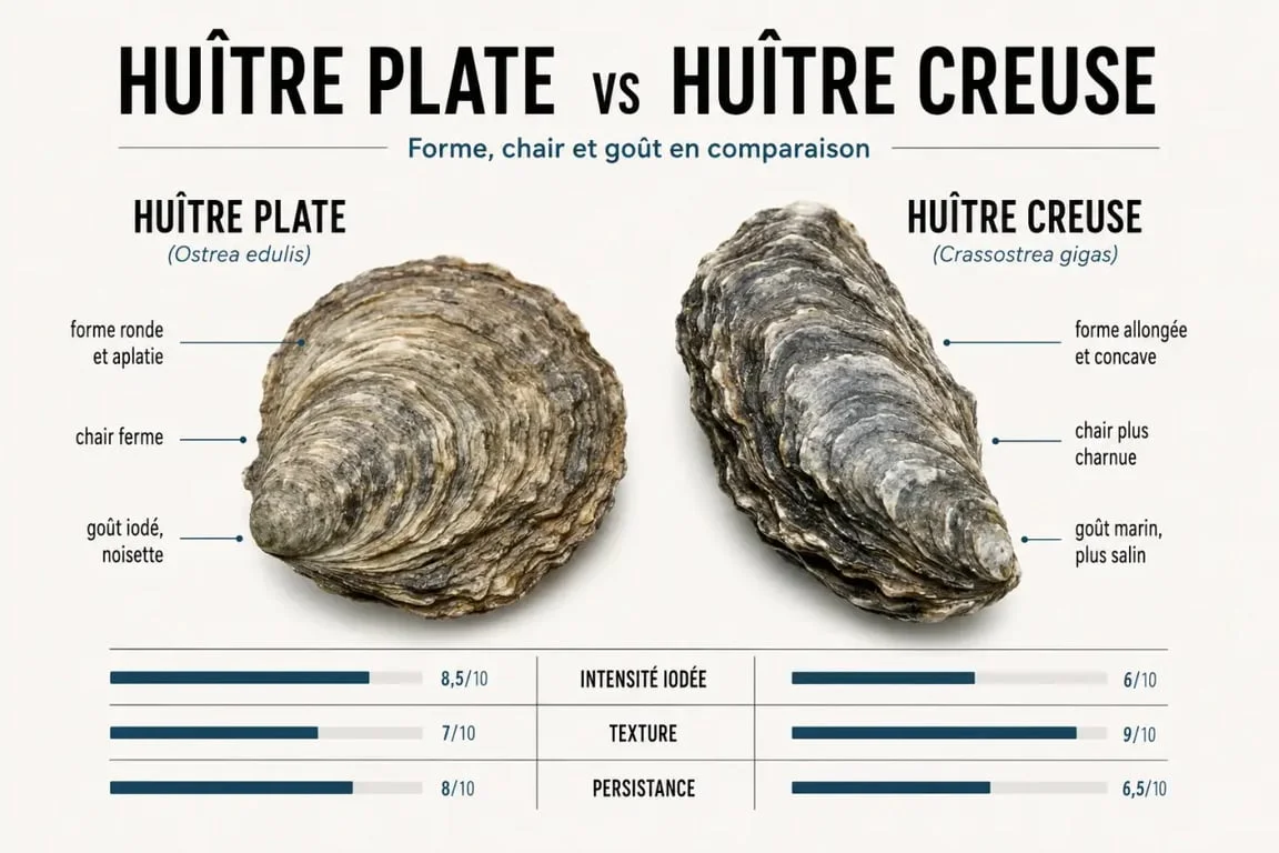 Huitre plate comparée à l’huître creuse, formes, chair et goût en visuel éditorial