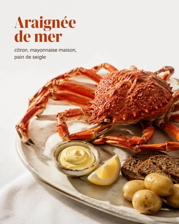 Cuire araignée de mer servie sur un plateau avec citron, mayonnaise maison et pain de seigle
