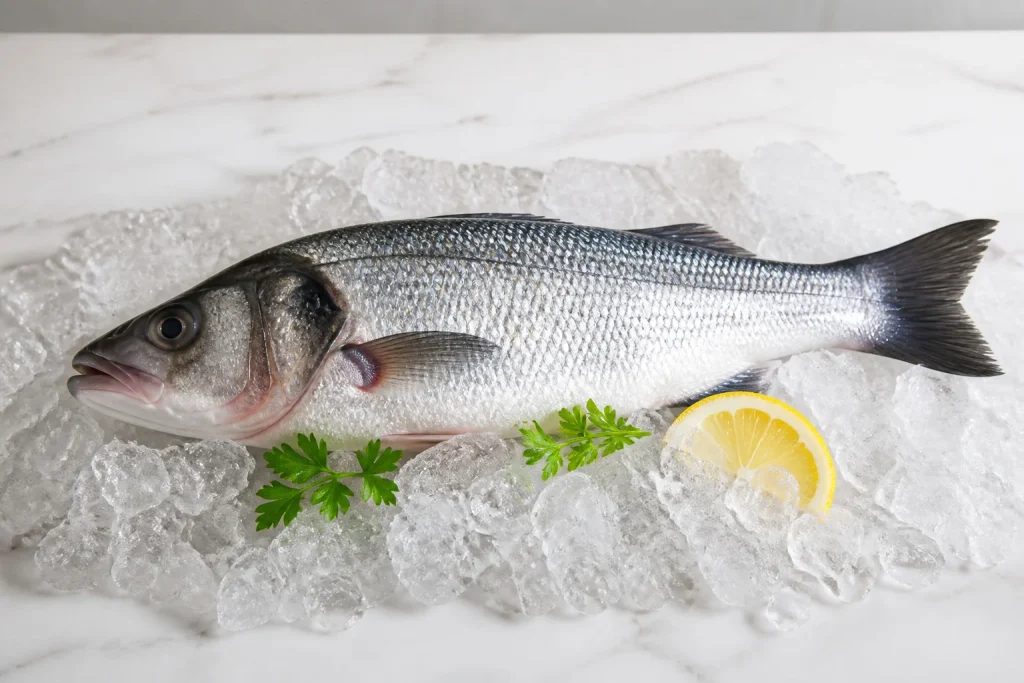 Loup de mer frais sur lit de glace