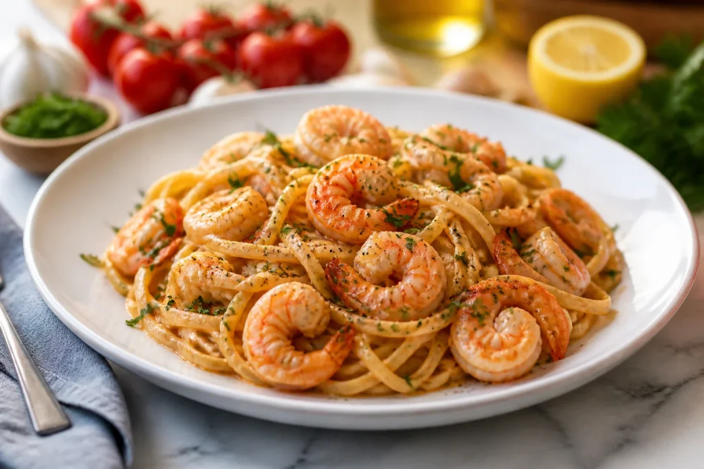 Pates cremeuses aux crevettes